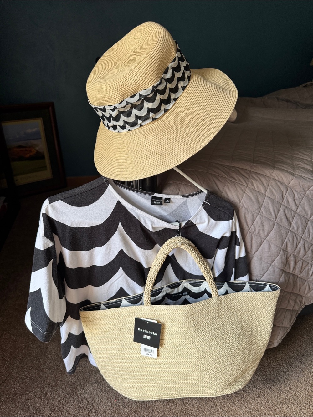 Marimekko Beige Straw Tote Bag with Matching Ribbon Sun Hat
